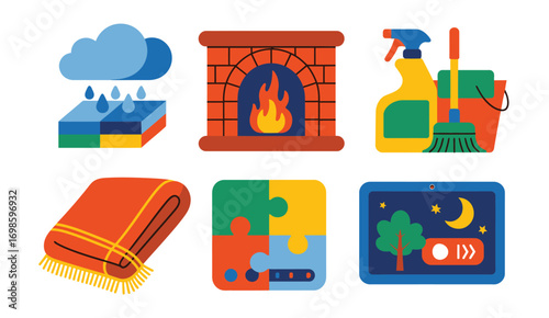 Indoor Activities Vector Set,  Flat Icons of Seasonal Fun Including Reading, Fireplace, Board Games, Cleaning, Cozy Blanket, Puzzles, Baking, and Home Movie Illustrations for All Seasons