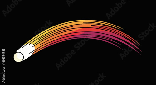 A stylized comet or shooting star with a bright white head and a colorful, curved tail on a black background.