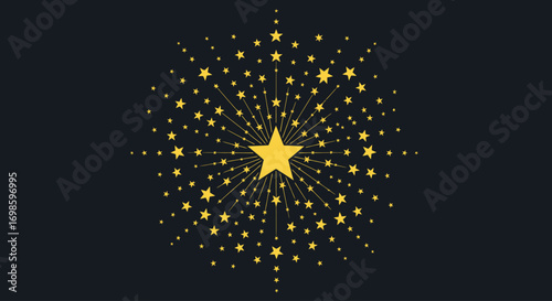 A central gold star radiates outward with smaller stars and lines against a dark gray background, creating a burst effect.