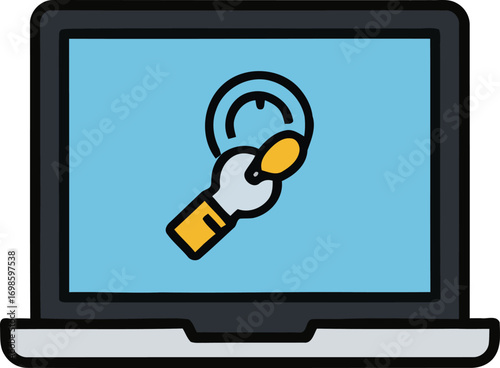 Vector icon of website performance optimization and financial analytics tools on a laptop screen, representing digital system maintenance and business metrics