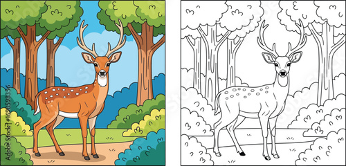 Cute Spotted Deer in Forest Landscape - Hand-Drawn Cartoon Style for Children's Coloring Book