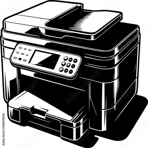 Efficient Office Equipment: A high-quality, modern printer stands ready to streamline operations, offering a sleek, professional design that adds functionality to any workspace. 