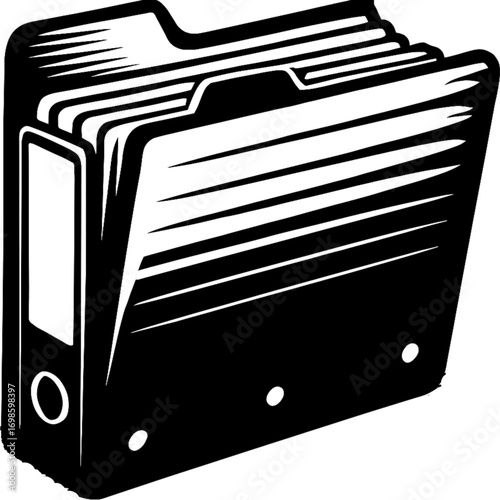 Organizational Archive: A grayscale depiction of an open binder overflowing with files, poised as a symbol of order and administrative structure.