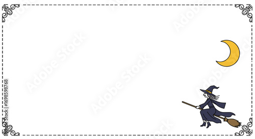 Witch flying on broomstick against yellow moon for Halloween  