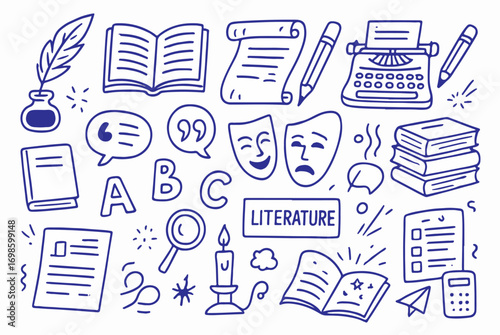 Hand-drawn doodle vector set, sketchy fun style outlines, English and literature theme, Ideal for Both Digital and Print Use
