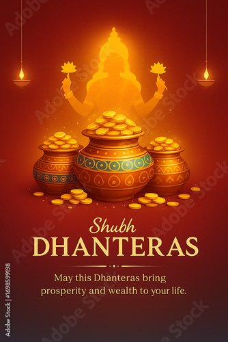 Shubh Dhanteras celebration illustration with golden pots filled with coins glowing diya and goddess silhouette symbolizing prosperity