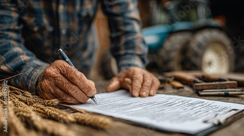rural agriculture protection crop insurance policy contract signing with farmer pen tools paperwork harvest risk coverage legal security finance business support document