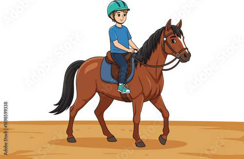 Cartoon person riding brown horse, equestrian sport activity, horseback riding outdoors, leisure and training, animal care, rider with helmet, countryside scene, flat vector illustration