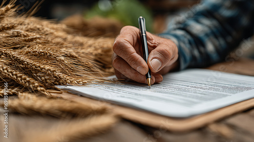 rural agriculture protection crop insurance policy contract signing with farmer pen tools paperwork harvest risk coverage legal security finance business support document