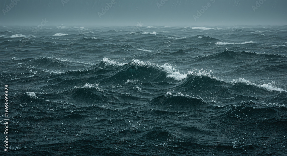 Fototapeta premium Stormy ocean waves during rainfall