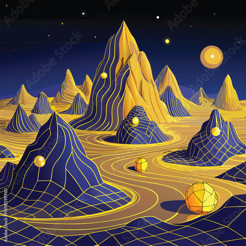 Abstract alien landscape with glowing mountains and spheres
