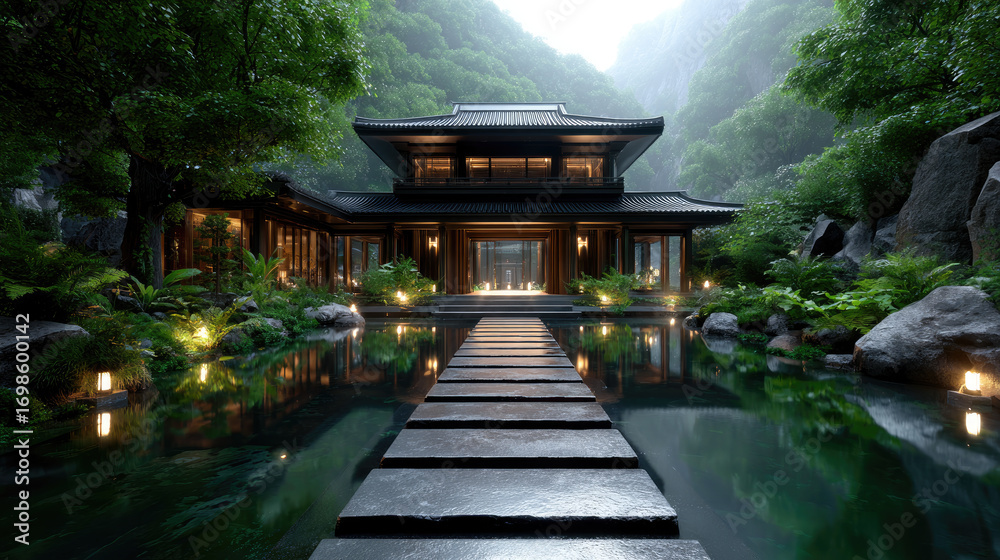 Obraz premium Two-story wooden pagoda temple with curved traditional eaves, stone pathway crossing calm water with rain ripples, surrounded by ancient moss garden,dense bamboo forest,mystical foggy Asian landscape