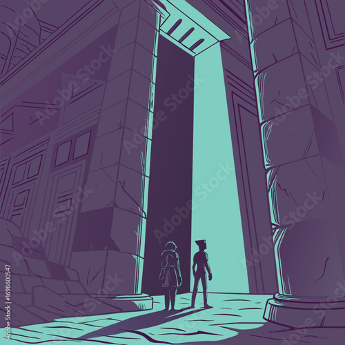 Adventurers stand before massive ancient doorway with glowing light
