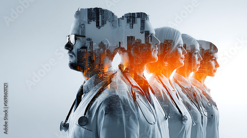 double exposure hospital staff doctors nurses surgeons healthcare team representing modern medicine innovation clinical service teamwork patient support and wellness