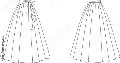 Long pleated skirt fashion flat sketch with bow detail, front and back views, elegant female garment design template for apparel industry
