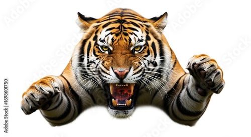 Roaring tiger with bared fangs, isolated on white background, displays its raw power and predatory nature