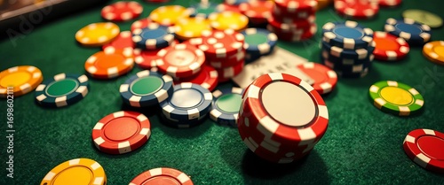 Abstract casino chips and dice scattered on a felt table,  stakes,  image