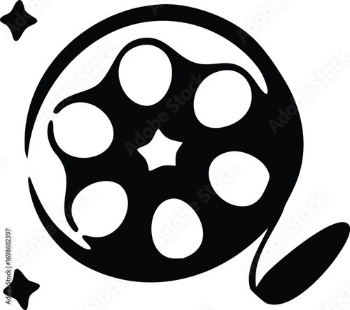 Black and white graphic of a film reel with stars and a film strip movie cinema