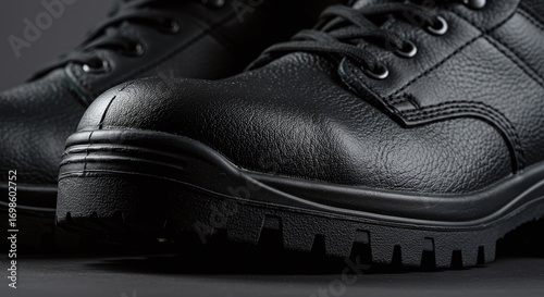 Close-up of a rugged black leather work boot, highlighting its durable safety features.Concept of professional footwear and personal protection.