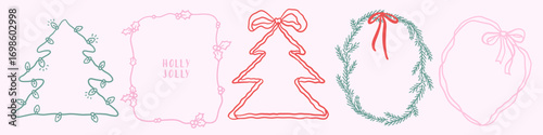Hand drawn linear drawing Merry Christmas vintage frames set. Xmas borders with ribbons and bows, christmas wreath, Christmas lights garland. Minimalist design elements in coquette doodle style.