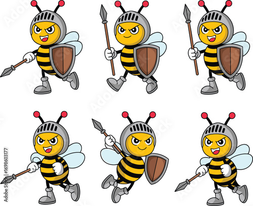 artoon knight bee character set in action poses with shield, spear, and helmet, whimsical insect warrior illustration for fantasy, humor, and storytelling themes