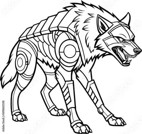 Cybernetic wolf snarling with mechanical armor vector