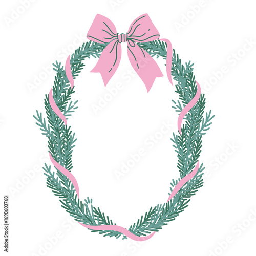 Christmas decorative whimsical frame made with fit branches and satin bow, ribbon in coquette style. Vector flat hand drawn wreath graphic element.