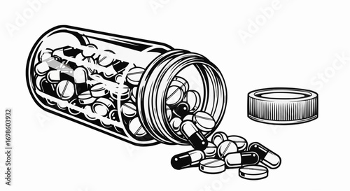 Vector art of a black and white illustration of a medicine bottle lying on its side with pills spilling out onto a white surface