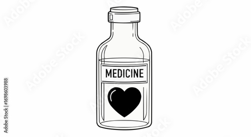 Vector art of a black heart symbol inside a medicine bottle with the word medicine on its label