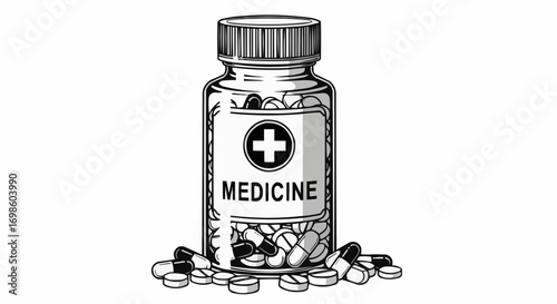 Vector art of sketch of a medicine bottle filled with pills and capsules, with more scattered around