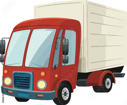 Cartoon delivery truck illustration with red cab and cream cargo paneling, transportation vehicle design for logistics, shipping, courier services, and educational content