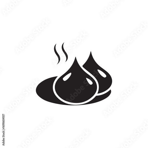 Two steaming liquid drops on a plate.Simple, black and white illustration of two liquid drops, seemingly hot or heated, resting on a shallow plate.