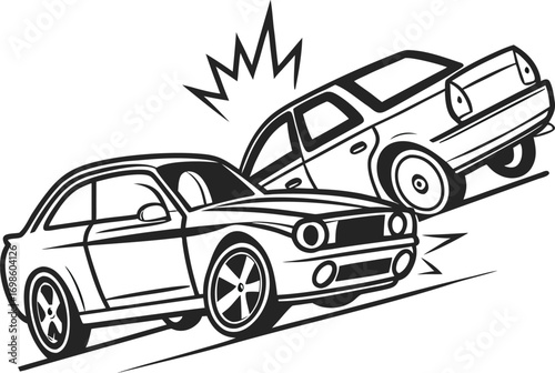 two cars in a rear-end collision with damage in black and white