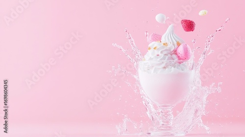 Wallpaper Mural Pink milkshake dessert with whipped cream and toppings in transparent glass, surrounded by splashes of water on a light pink background Torontodigital.ca