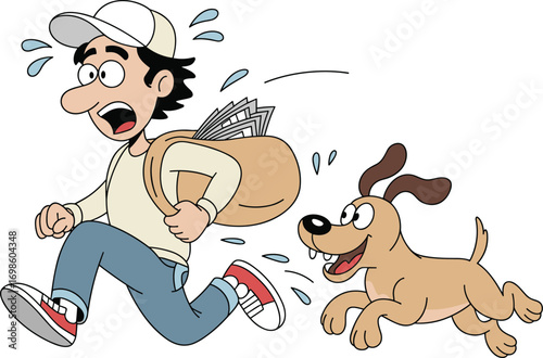Cartoon mail carrier running from playful dog, humorous chase scene with mailbag and expressive characters for occupational storytelling, animal interaction, and comic design