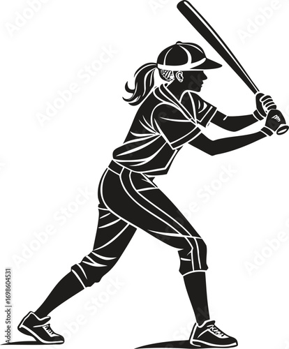 female softball player ready to bat in black and white artwork