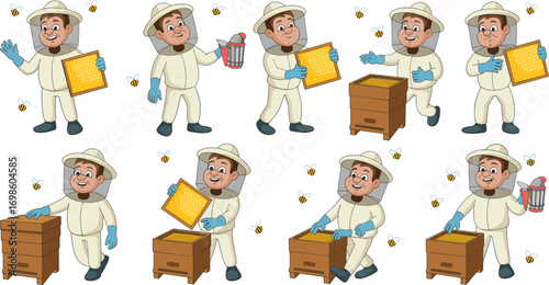 Cartoon beekeeper character set performing apiculture tasks with honeycomb, smoker, and beehive, educational farming illustration for agriculture, nature, and occupational themes