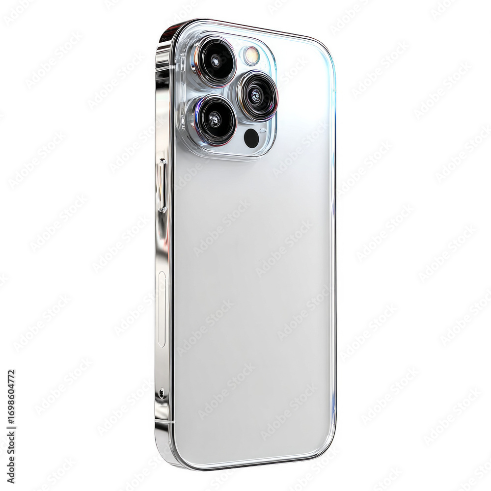 Fototapeta premium A white iPhone with a clear case sits on a white background