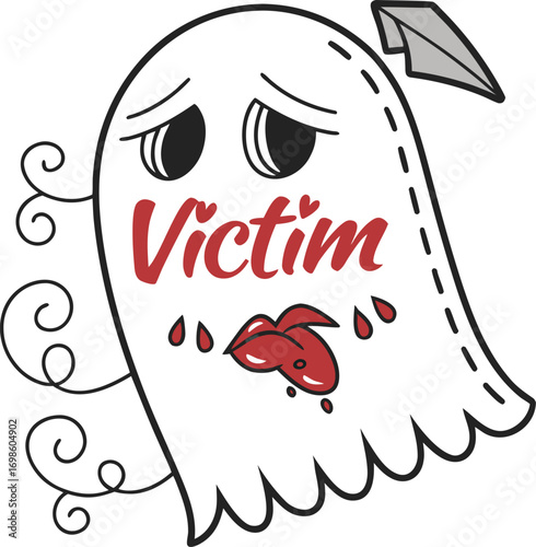 Sad ghost with paper airplane and lips crying red lips