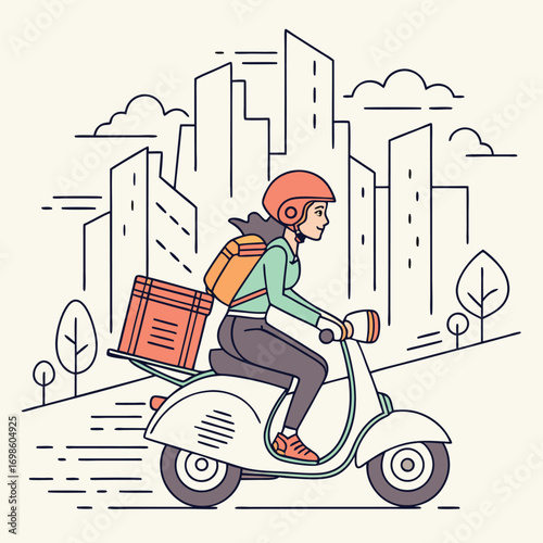 Flat illustration of a young woman riding a scooter.eps
