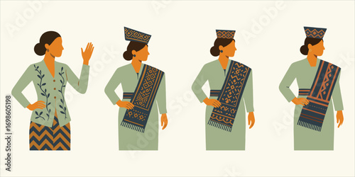 Flat vector illustration of Indonesian traditional clothing for women, featuring kebaya and ulos with ethnic woven patterns and headpieces. Modern flat minimalism with earthy muted tones.