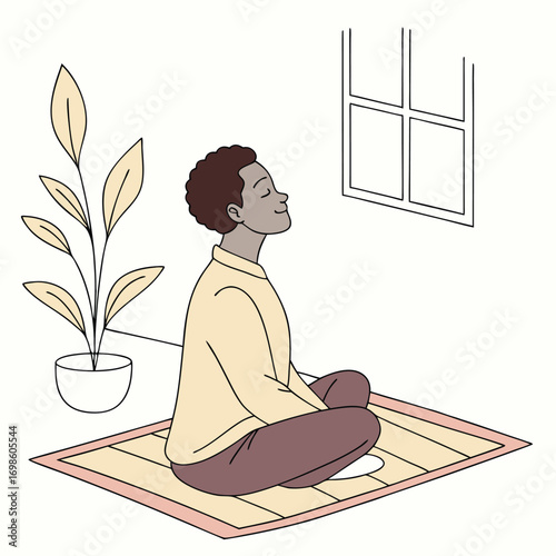 Flat vector illustration of a man sitting cross leg and doing meditasion.eps