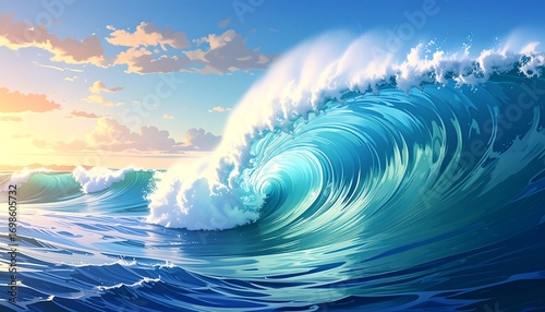 Ocean wave panorama at sunrise