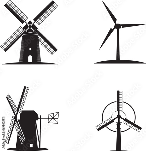 Windmill silhouette set vector illustration isolated On Transparent Background