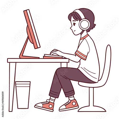 Flat vector illustration of a student boy sitting and online meeting.eps