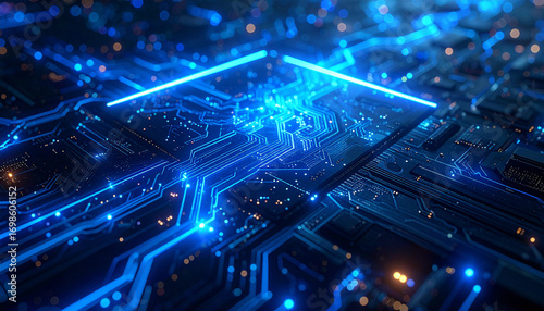 Illuminated Circuitry: An eye-level shot of a highly detailed printed circuit board, bathed in the glow of futuristic blue lights. This image portrays the complexities of technological advancement.