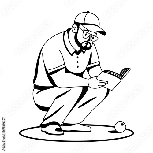 Man reading golf guide, glyph style illustration 
