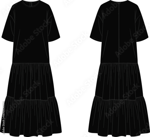 Short sleeve tiered midi dress flat sketch with gathered panels, front and back technical fashion drawing for womenswear design