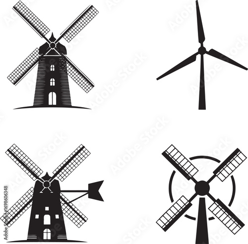 Windmill silhouette set vector illustration isolated On Transparent Background