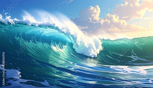 Ocean wave, vibrant colors, sunrise